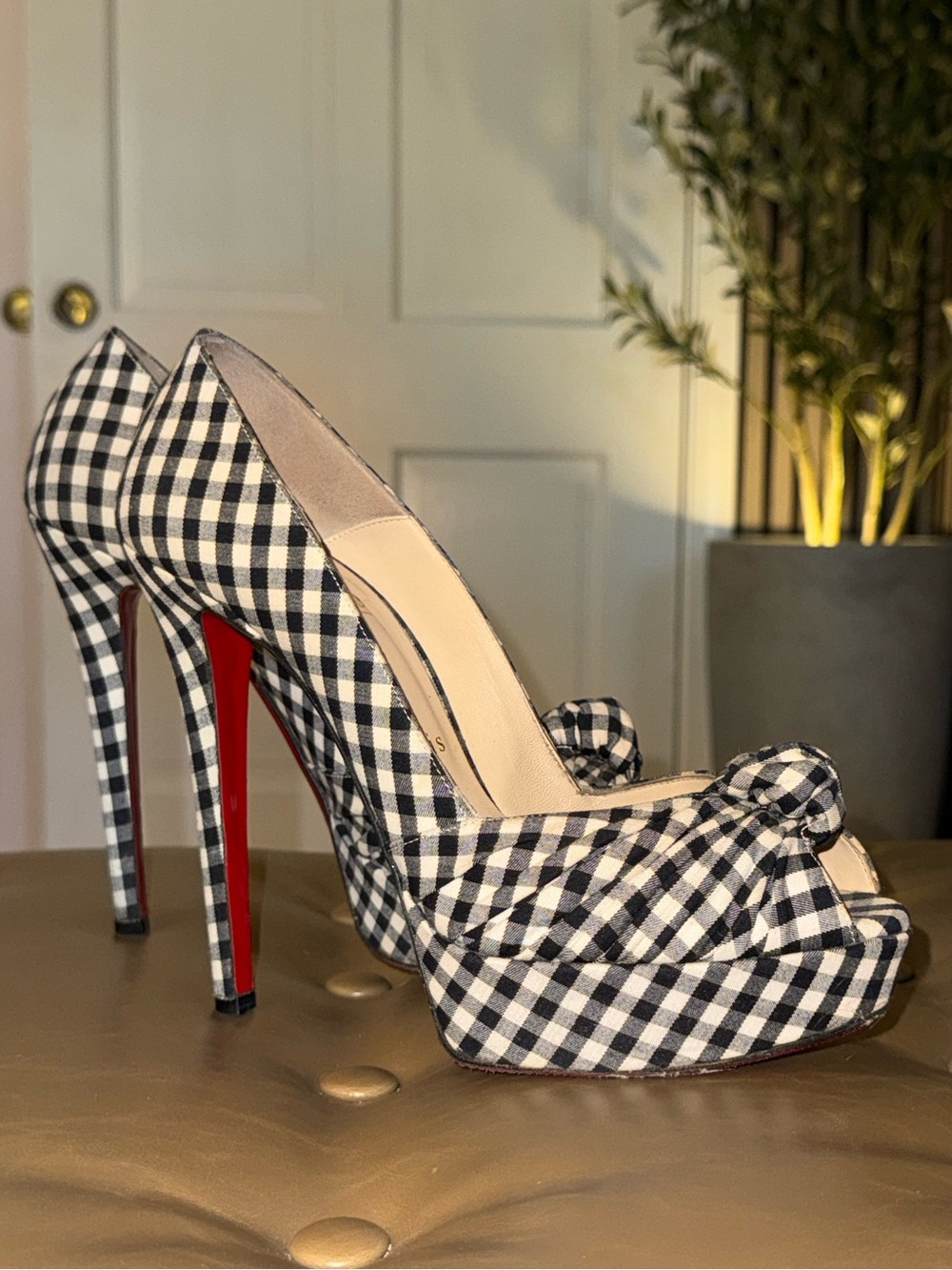 Christian Louboutin Greissimo 120 Black & White Gingham Bow Pumps